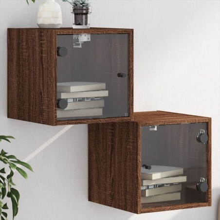 vidaXL Mesitas noche con puertas vidrio 2 uds roble marrón 35x37x35 cm