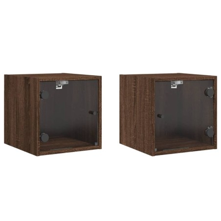 vidaXL Mesitas noche con puertas vidrio 2 uds roble marrón 35x37x35 cm