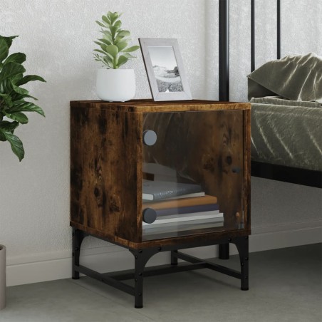 vidaXL Mesita de noche con puerta de vidrio roble ahumado 35x37x50 cm