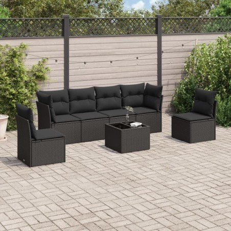vidaXL Set de comedor de jardín 7 pzas y cojines ratán sintético negro