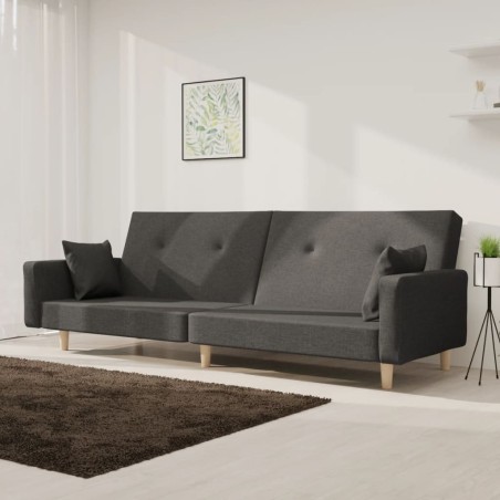 vidaXL Sofá cama de 2 plazas con dos almohadas tela gris oscuro