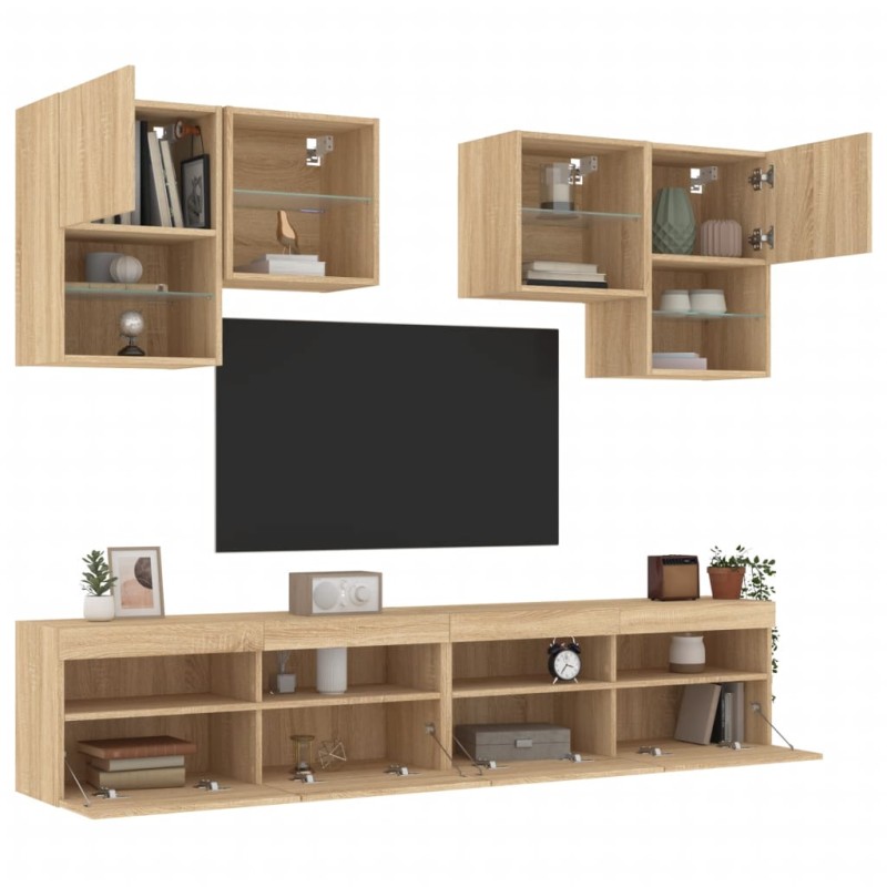 vidaXL Muebles de TV de pared con luces LED 6 piezas roble sonoma
