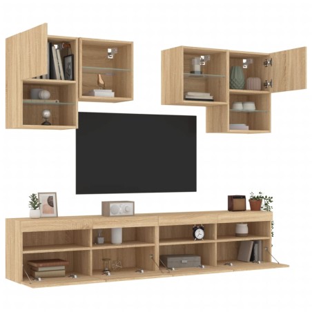 vidaXL Muebles de TV de pared con luces LED 6 piezas roble sonoma