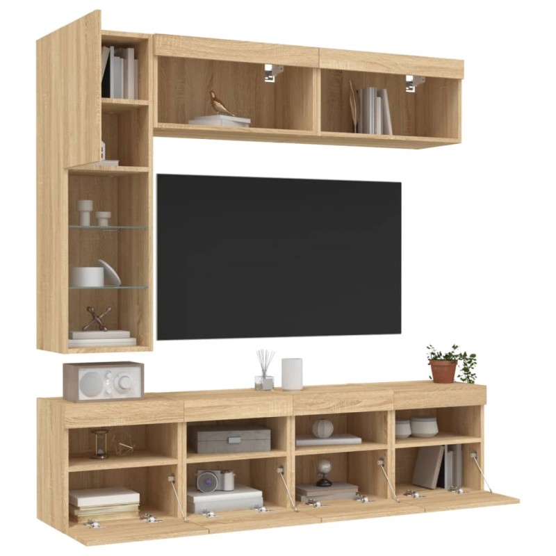 vidaXL Muebles de TV de pared con luces LED 7 piezas roble sonoma vidaXL Muebles de TV de pared con luces LED 7 piezas roble sonoma