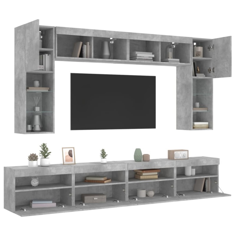 vidaXL Muebles de TV de pared con luces LED 8 piezas gris hormigón vidaXL Muebles de TV de pared con luces LED 8 piezas gris hormigón