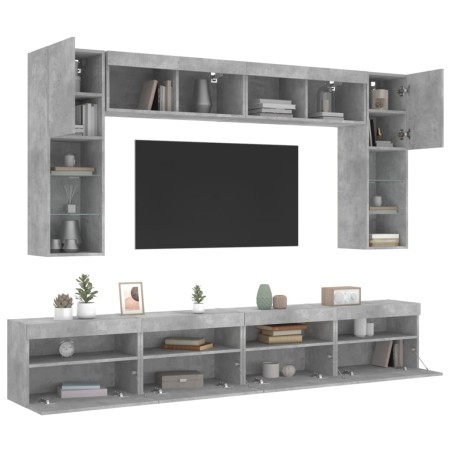 vidaXL Muebles de TV de pared con luces LED 8 piezas gris hormigón