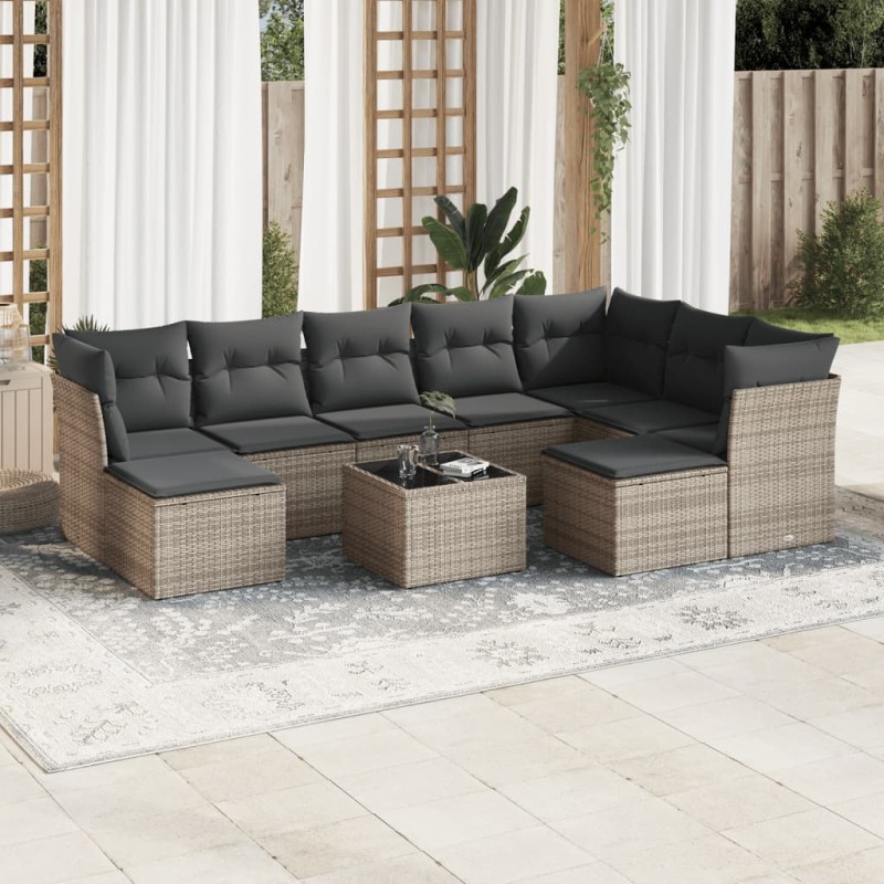 vidaXL Set de sofás de jardín 10 pzas con cojines ratán sintético gris vidaXL Set de sofás de jardín 10 pzas con cojines ratán sintético gris
