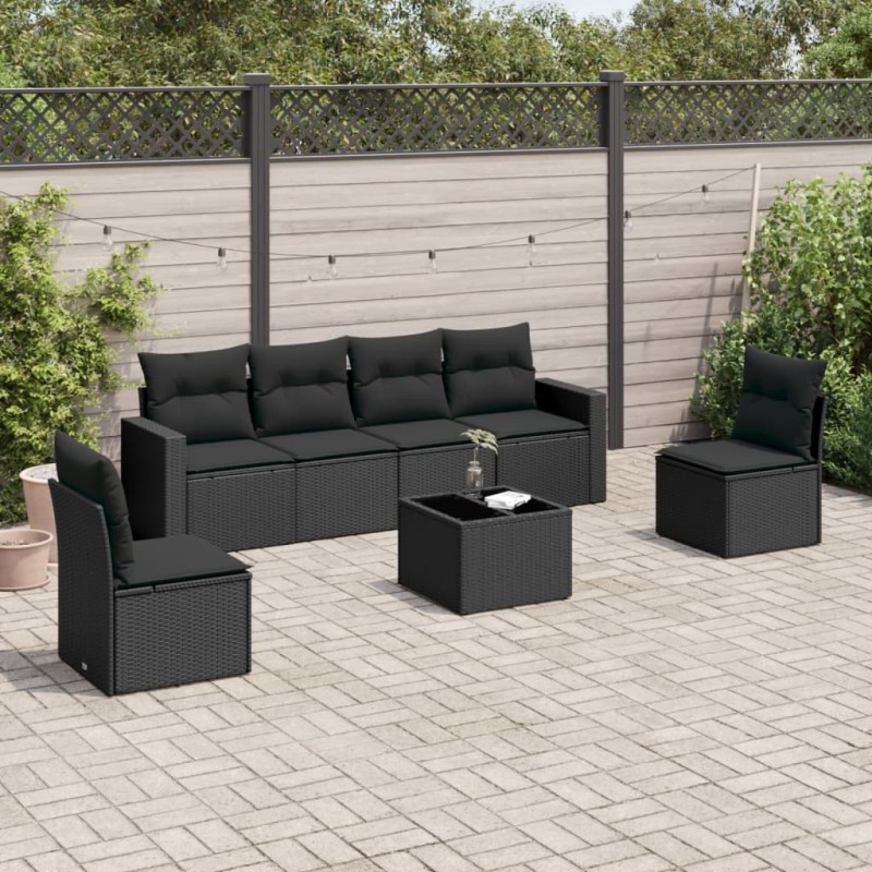 vidaXL Set de comedor de jardín 7 pzas y cojines ratán sintético negro vidaXL Set de comedor de jardín 7 pzas y cojines ratán sintético negro