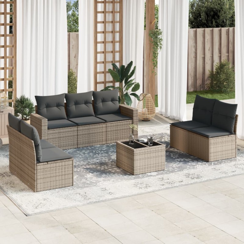 vidaXL Set de sofás de jardín 8 pzas y cojines ratán sintético gris vidaXL Set de sofás de jardín 8 pzas y cojines ratán sintético gris