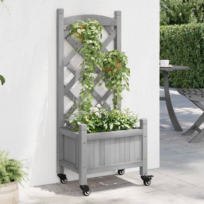 vidaXL Jardinera con enrejado y ruedas madera maciza de abeto gris vidaXL Jardinera con enrejado y ruedas madera maciza de abeto gris