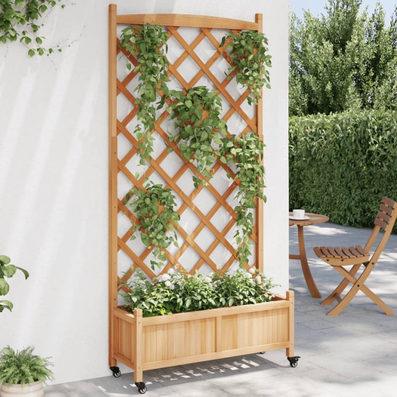 vidaXL Jardinera con enrejado y ruedas madera maciza de abeto marrón vidaXL Jardinera con enrejado y ruedas madera maciza de abeto marrón