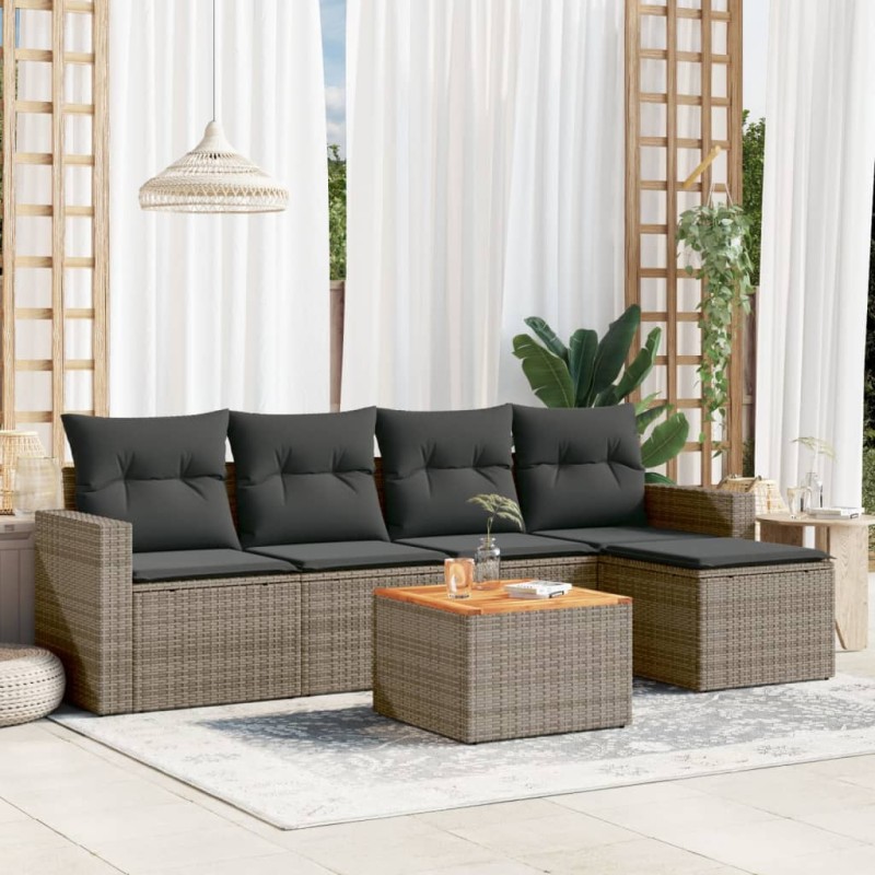 vidaXL Set de muebles de jardín 6 pzas y cojines ratán sintético gris vidaXL Set de muebles de jardín 6 pzas y cojines ratán sintético gris