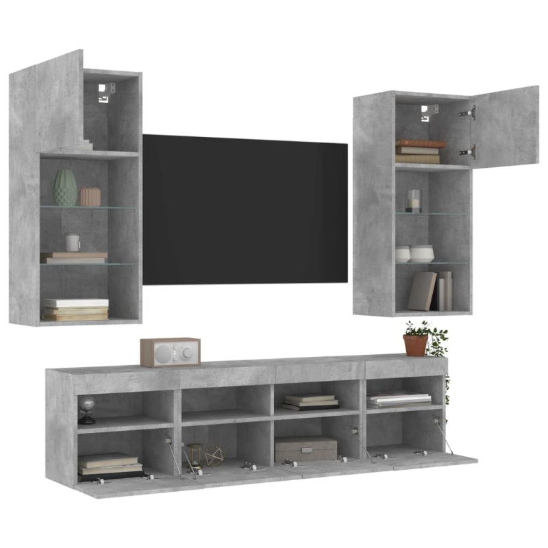 vidaXL Muebles TV pared con LED 5 pzas madera ingeniería gris hormigón