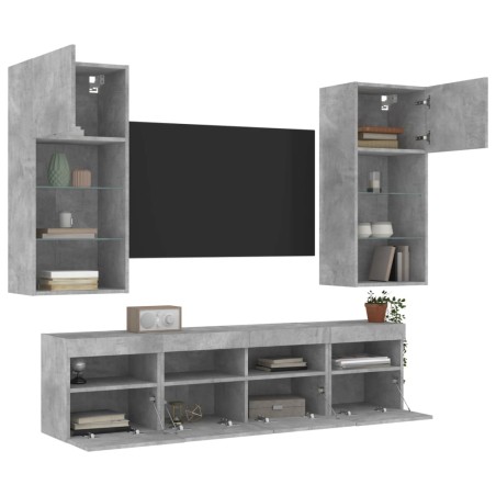 vidaXL Muebles TV pared con LED 5 pzas madera ingeniería gris hormigón