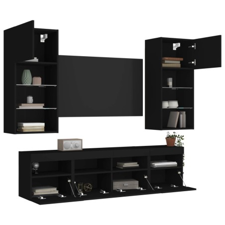 vidaXL Muebles de TV de pared con LED 5 pzas madera ingeniería negro