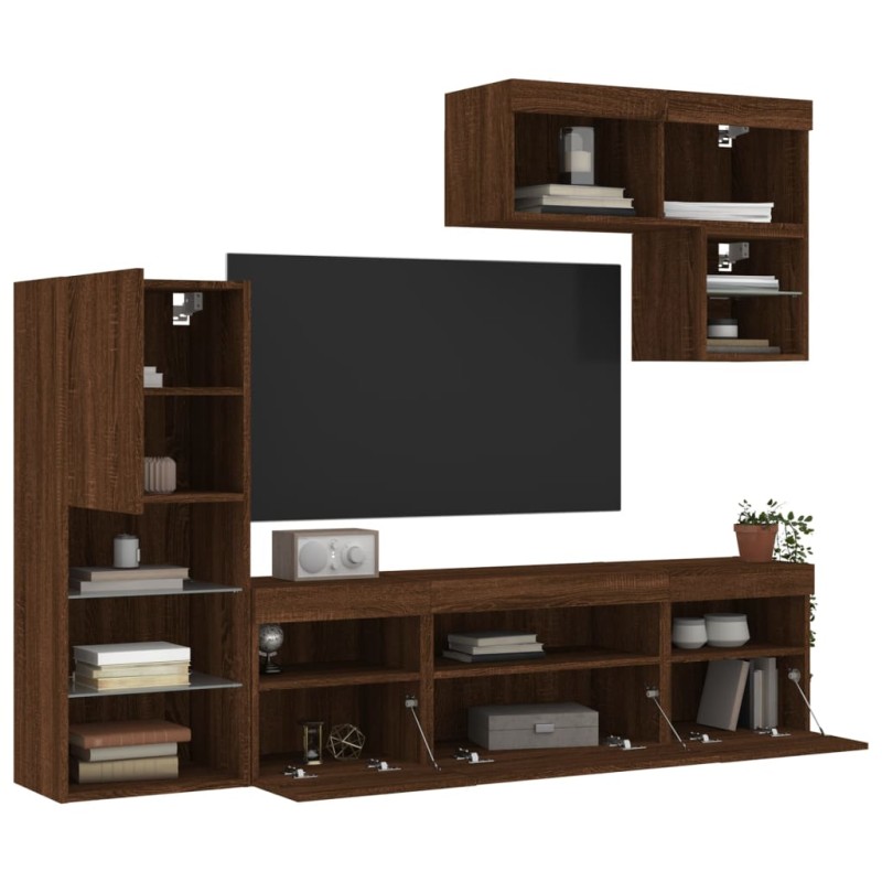 vidaXL Muebles TV pared con LED 6 pzas madera ingeniería marrón roble