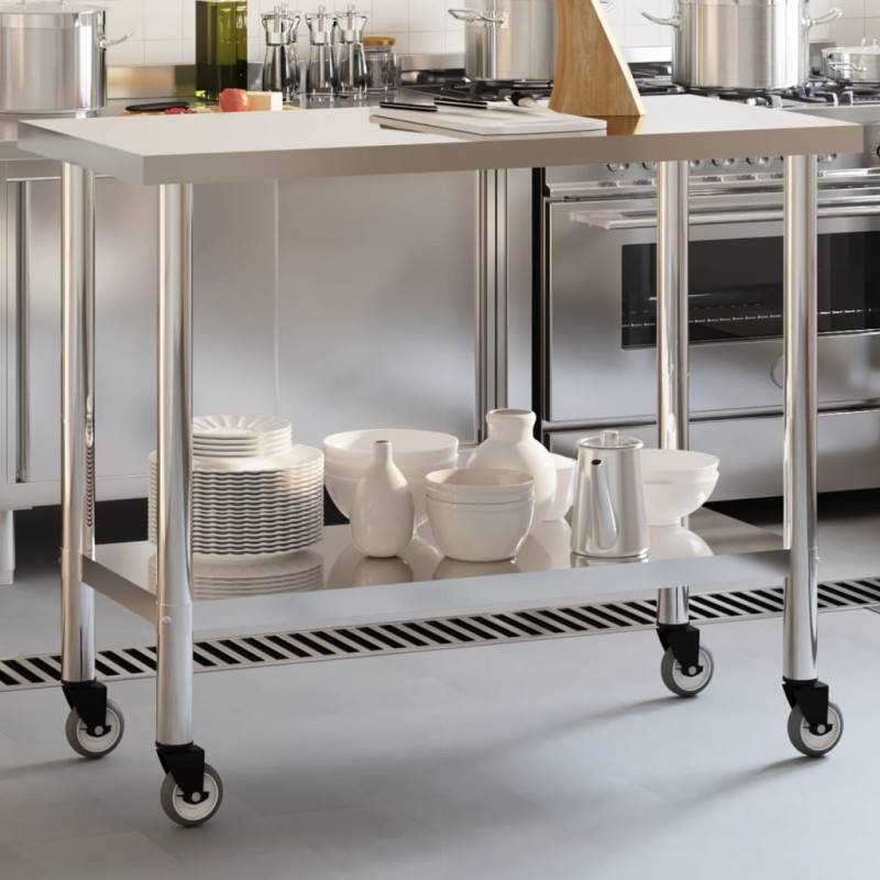 vidaXL Mesa de trabajo de cocina con ruedas acero inox 110x55x85 cm vidaXL Mesa de trabajo de cocina con ruedas acero inox 110x55x85 cm