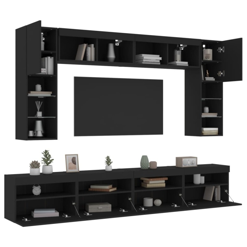 vidaXL Mueble de pared de TV con luces LED 8 piezas negro
