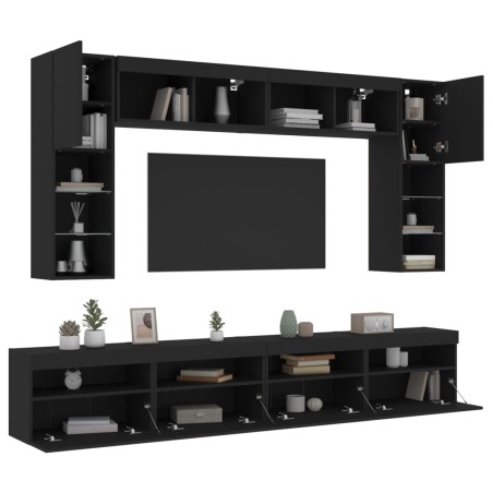 vidaXL Mueble de pared de TV con luces LED 8 piezas negro