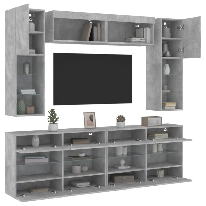 vidaXL Muebles de TV de pared con luces LED 6 piezas gris hormigón vidaXL Muebles de TV de pared con luces LED 6 piezas gris hormigón