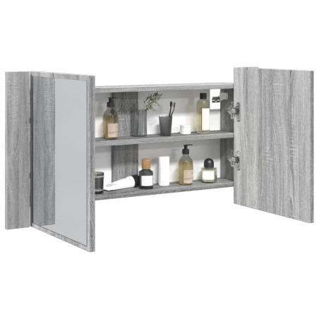 vidaXL Armario espejo de baño luz LED acrílico gris Sonoma 90x12x45 cm