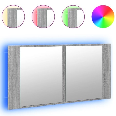 vidaXL Armario espejo de baño luz LED acrílico gris Sonoma 90x12x45 cm
