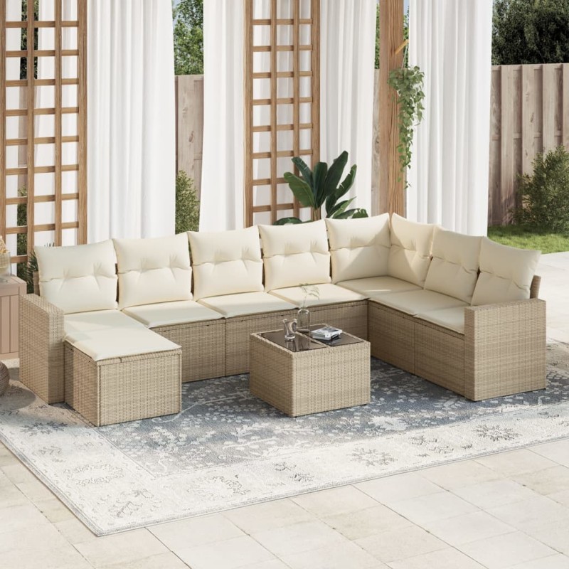 vidaXL Set de sofás de jardín 9 pzas con cojines ratán sintético beige vidaXL Set de sofás de jardín 9 pzas con cojines ratán sintético beige