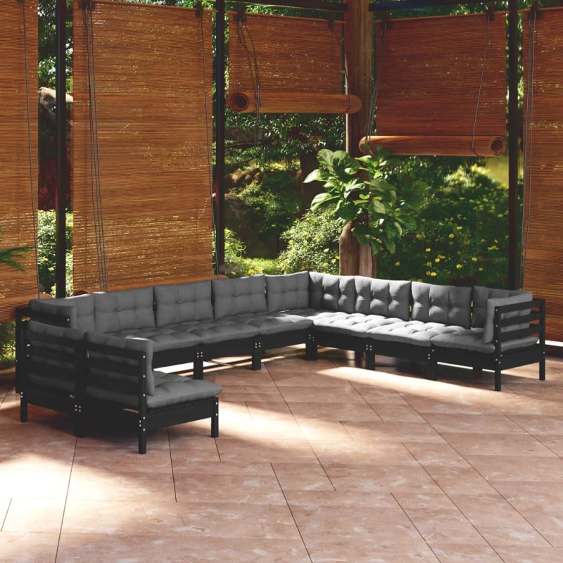 vidaXL Muebles de jardín 10 pzas y cojines negro madera maciza de pino