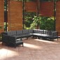 vidaXL Muebles de jardín 10 pzas y cojines negro madera maciza de pino