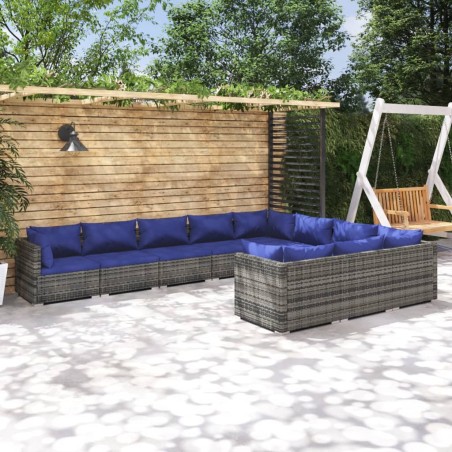 vidaXL Set de muebles de jardín 10 pzas y cojines ratán sintético gris