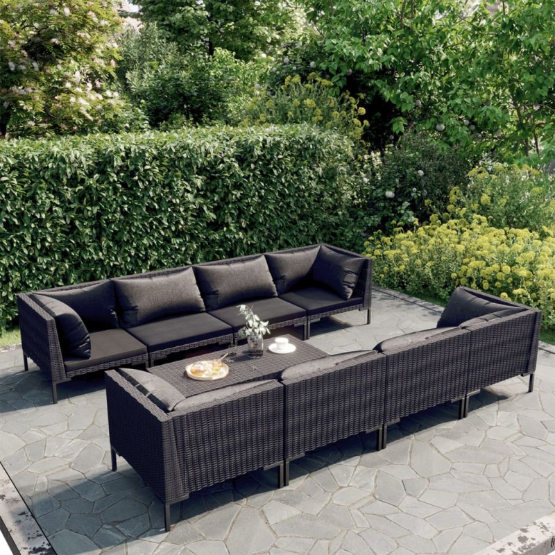 vidaXL Sofás de jardín 9 pzas y cojines ratán sintético gris oscuro
