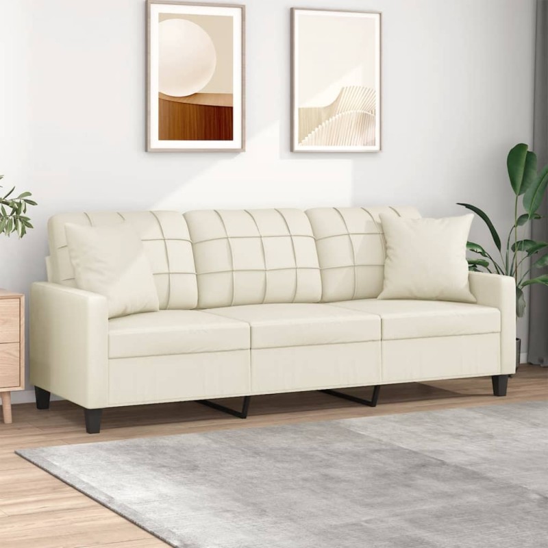 vidaXL Sofá de 3 plazas con cojines cuero sintético color crema 180 cm vidaXL Sofá de 3 plazas con cojines cuero sintético color crema 180 cm
