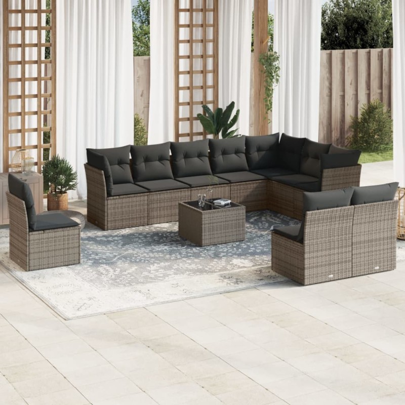 vidaXL Set de sofás de jardín 11 pzas y cojines ratán sintético gris vidaXL Set de sofás de jardín 11 pzas y cojines ratán sintético gris