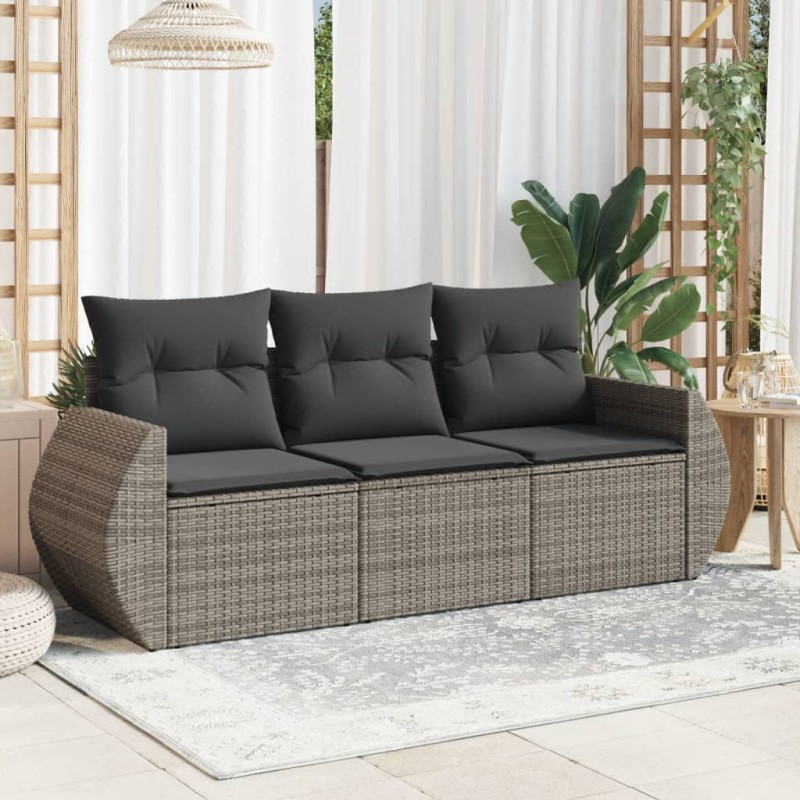 vidaXL Set de sofá de jardín 3 pzas y cojines ratán sintético gris