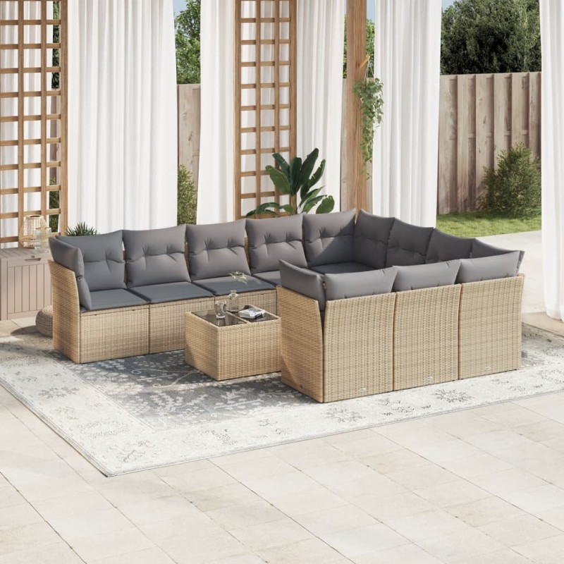 vidaXL Set de sofás de jardín 11pzas con cojines ratán sintético beige vidaXL Set de sofás de jardín 11pzas con cojines ratán sintético beige
