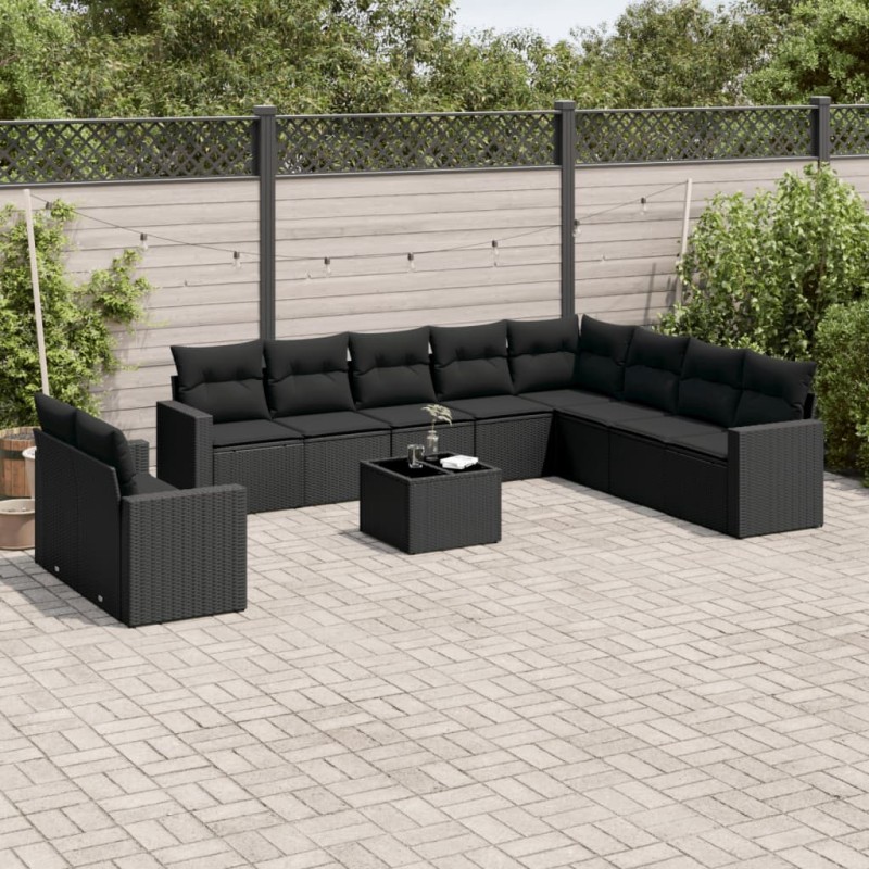 vidaXL Set de sofás de jardín 11 pzas y cojines ratán sintético negro vidaXL Set de sofás de jardín 11 pzas y cojines ratán sintético negro