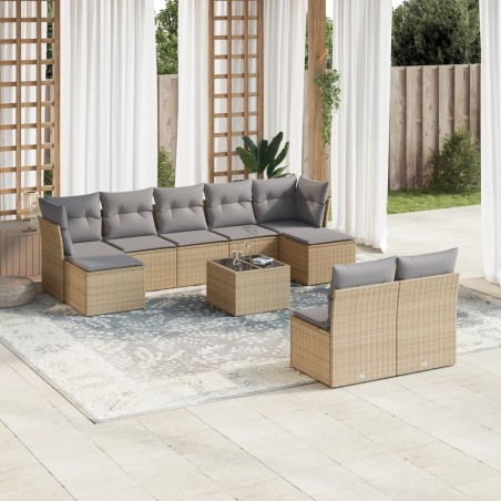 vidaXL Juego de sofás jardín con cojines beige 10 pzas ratán sintético