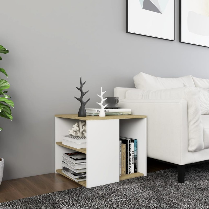 vidaXL Mesa auxiliar madera contrachapada blanco y roble 50x50x45 cm vidaXL Mesa auxiliar madera contrachapada blanco y roble 50x50x45 cm