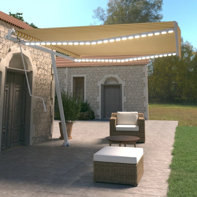 vidaXL Toldo automático LED sensor de viento amarillo blanco 400x350cm vidaXL Toldo automático LED sensor de viento amarillo blanco 400x350cm