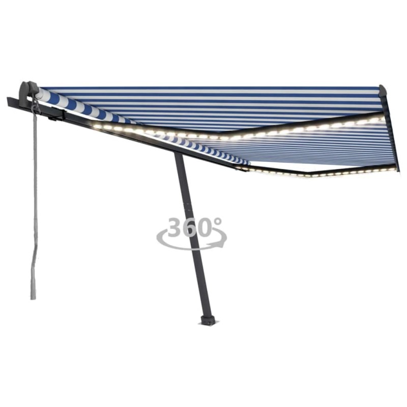 vidaXL Toldo automático LED sensor de viento azul y blanco 450x350 cm vidaXL Toldo automático LED sensor de viento azul y blanco 450x350 cm