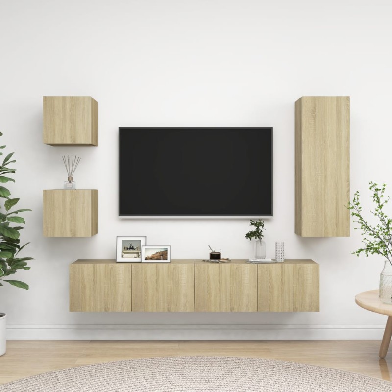 vidaXL Set muebles de salón TV 5 pzas madera ingeniería roble Sonoma vidaXL Set muebles de salón TV 5 pzas madera ingeniería roble Sonoma