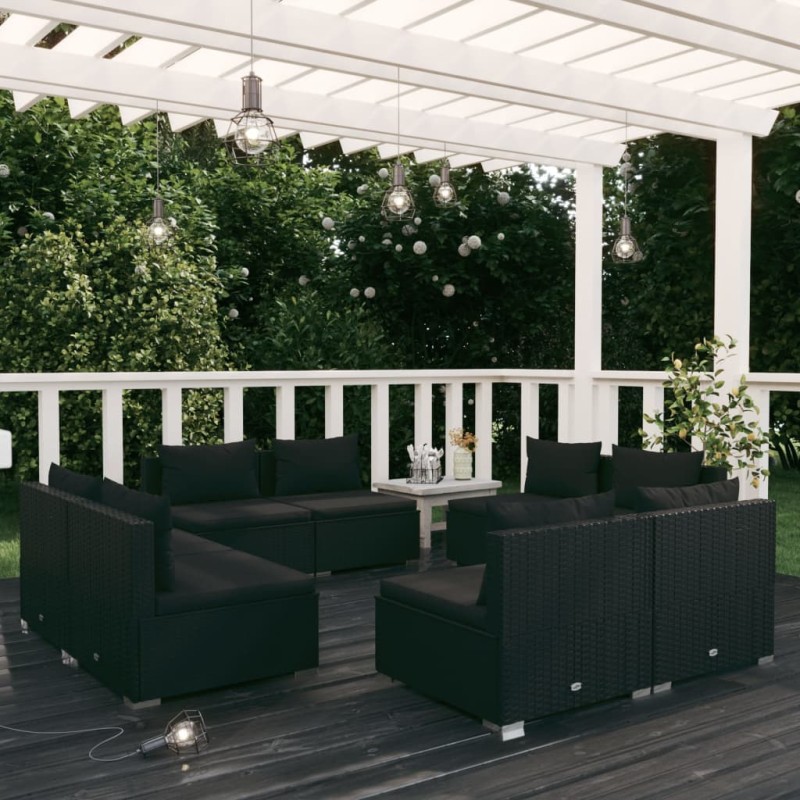vidaXL Set de sofás de jardín 8 piezas y cojines ratán sintético negro vidaXL Set de sofás de jardín 8 piezas y cojines ratán sintético negro