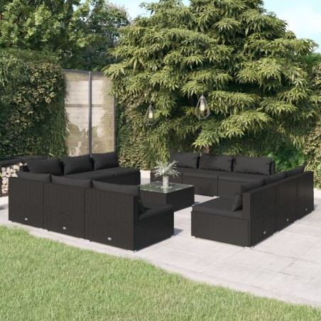 vidaXL Set muebles de jardín 13 pzas y cojines ratán sintético negro