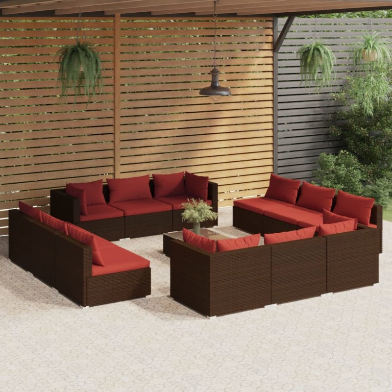 vidaXL Set muebles de jardín 13 pzas y cojines ratán sintético marrón