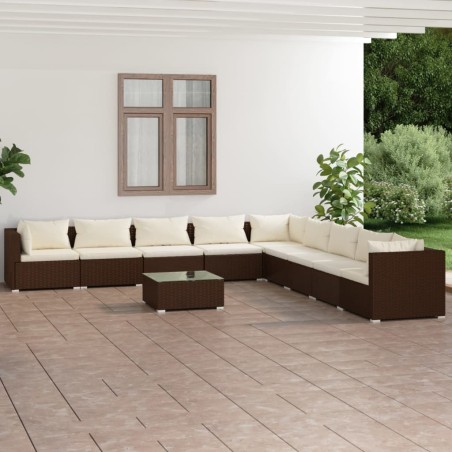 vidaXL Set muebles de jardín 10 pzas y cojines ratán sintético marrón