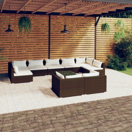 vidaXL Set muebles de jardín 10 pzas y cojines ratán sintético marrón