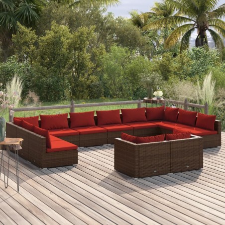 vidaXL Set muebles de jardín 12 pzas y cojines ratán sintético marrón