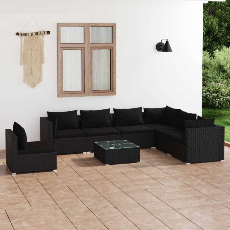vidaXL Set de muebles de jardín 8 pzas y cojines ratán sintético negro vidaXL Set de muebles de jardín 8 pzas y cojines ratán sintético negro