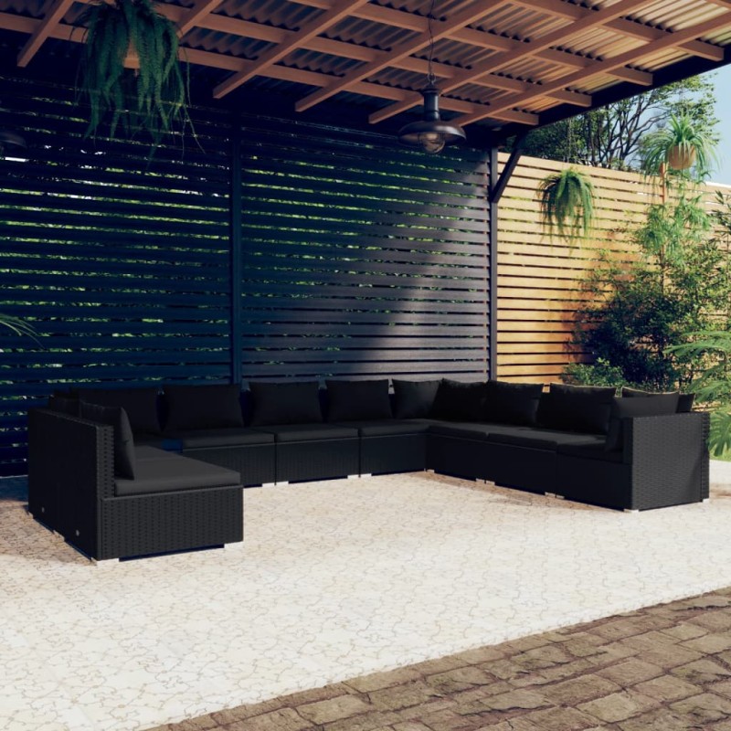 vidaXL Set de muebles de jardín 10 pzas cojines ratán sintético negro vidaXL Set de muebles de jardín 10 pzas cojines ratán sintético negro