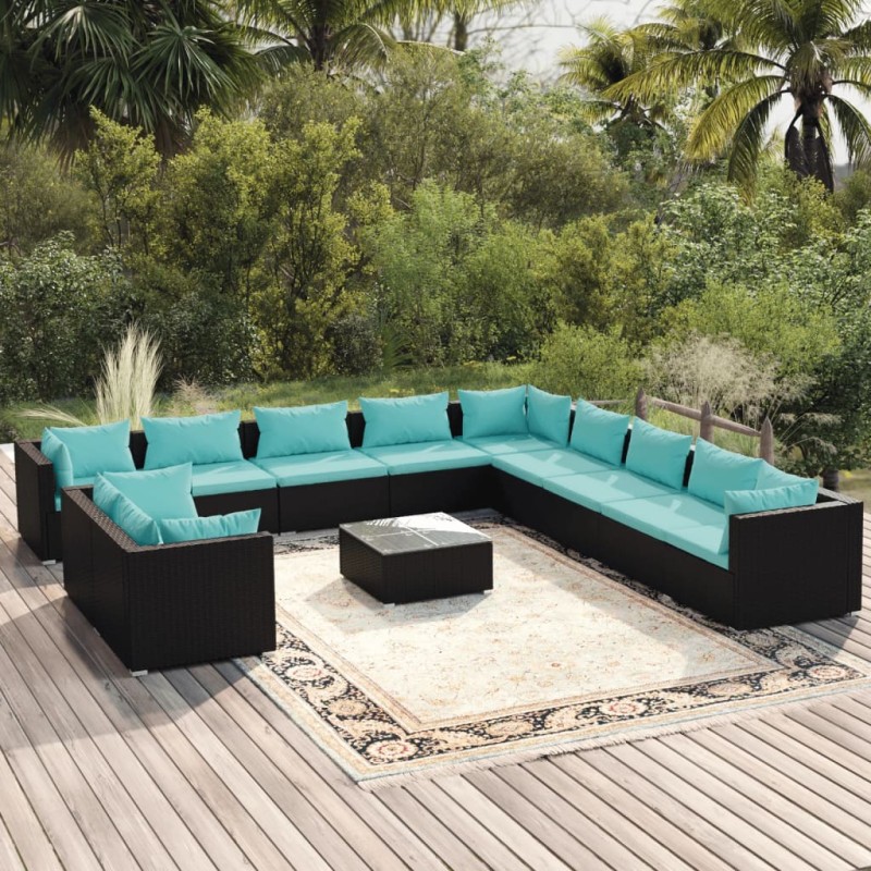 vidaXL Set de sofás de jardín 12 pzas cojines ratán sintético negro vidaXL Set de sofás de jardín 12 pzas cojines ratán sintético negro